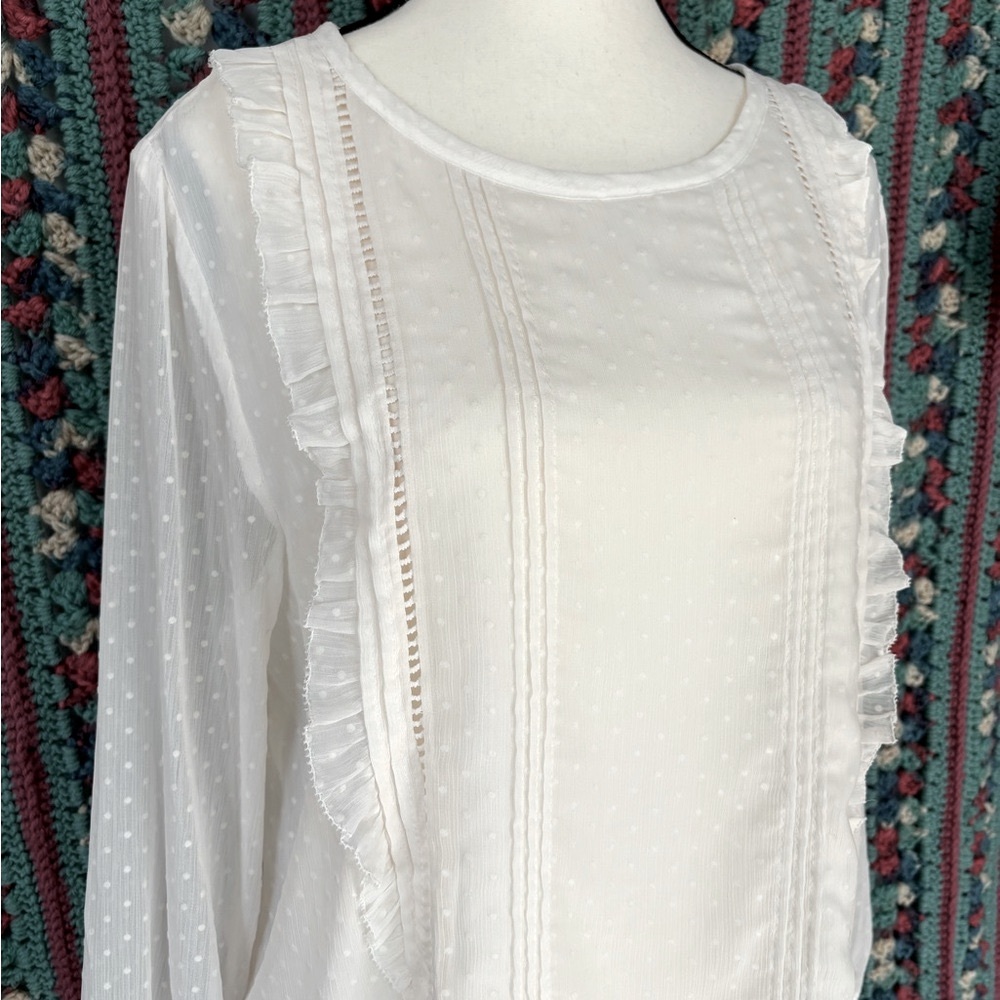 LOFT cream / off white flowy Swiss dot lace chiffon‎ Prairie blouse size large